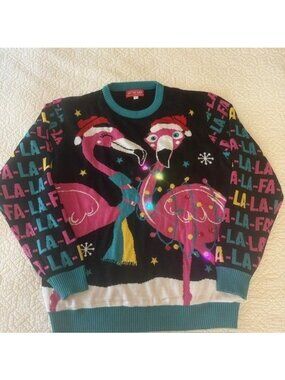 OFF THE RACK LED Lights Unisex Flamingo Shine Christmas Sweater Ugly Knit Large